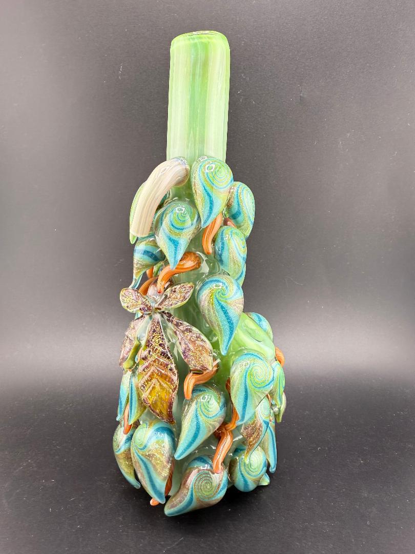 Mr. Gray Glass Dichroic Leaf Nug Tube, 10mm 55° joint, featuring vibrant dichroic leaf design and colorful glass craftsmanship.