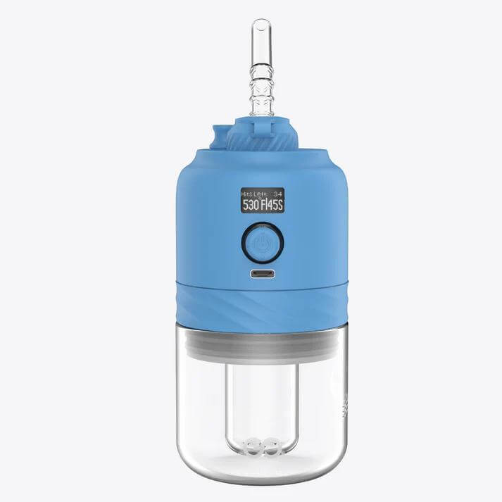 Yocan Black Go Smart Rig vaporizer in blue with glass base and adjustable temperature display.