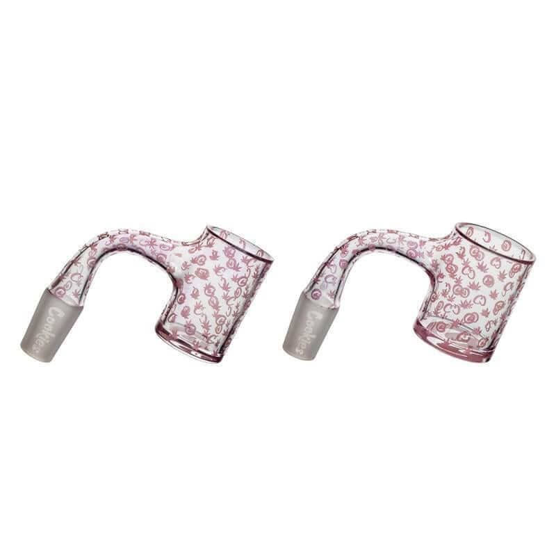Cookies pink glass bangers with intricate designs, showcasing 14mm fittings for an enhanced dabbing experience.