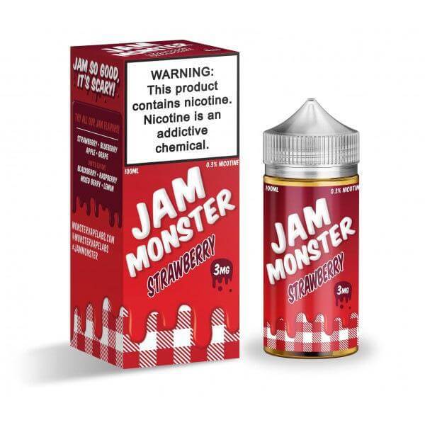 Jam Monster 100ml Strawberry e-liquid bottle and box, featuring a warning about nicotine addiction.