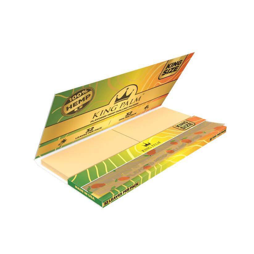 King Palm flavored hemp rolling papers king size package open, showcasing 32 papers and vibrant tropical design.