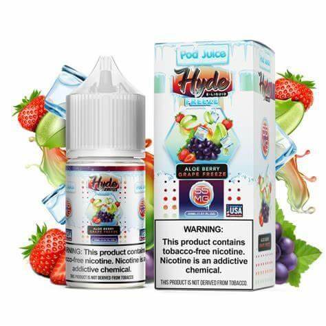 Hyde Pod Juice Aloe Berry Grape Freeze vape juice in 100ml bottle with strawberry and grape background