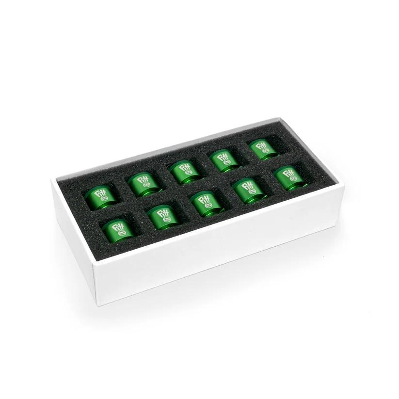 Ryan Fitt Pivot Adapter - "Interface" Single Unit in a white box with green silicone sleeves.
