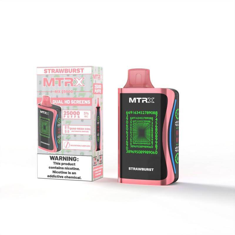 MTRX MX 25k Disposable Vape with Dual HD Screens and Strawberry flavor packaging.