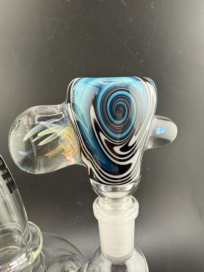 Highgrade Heady Slide with unique blue and black swirled design, handcrafted 14mm bowl for smoking.
