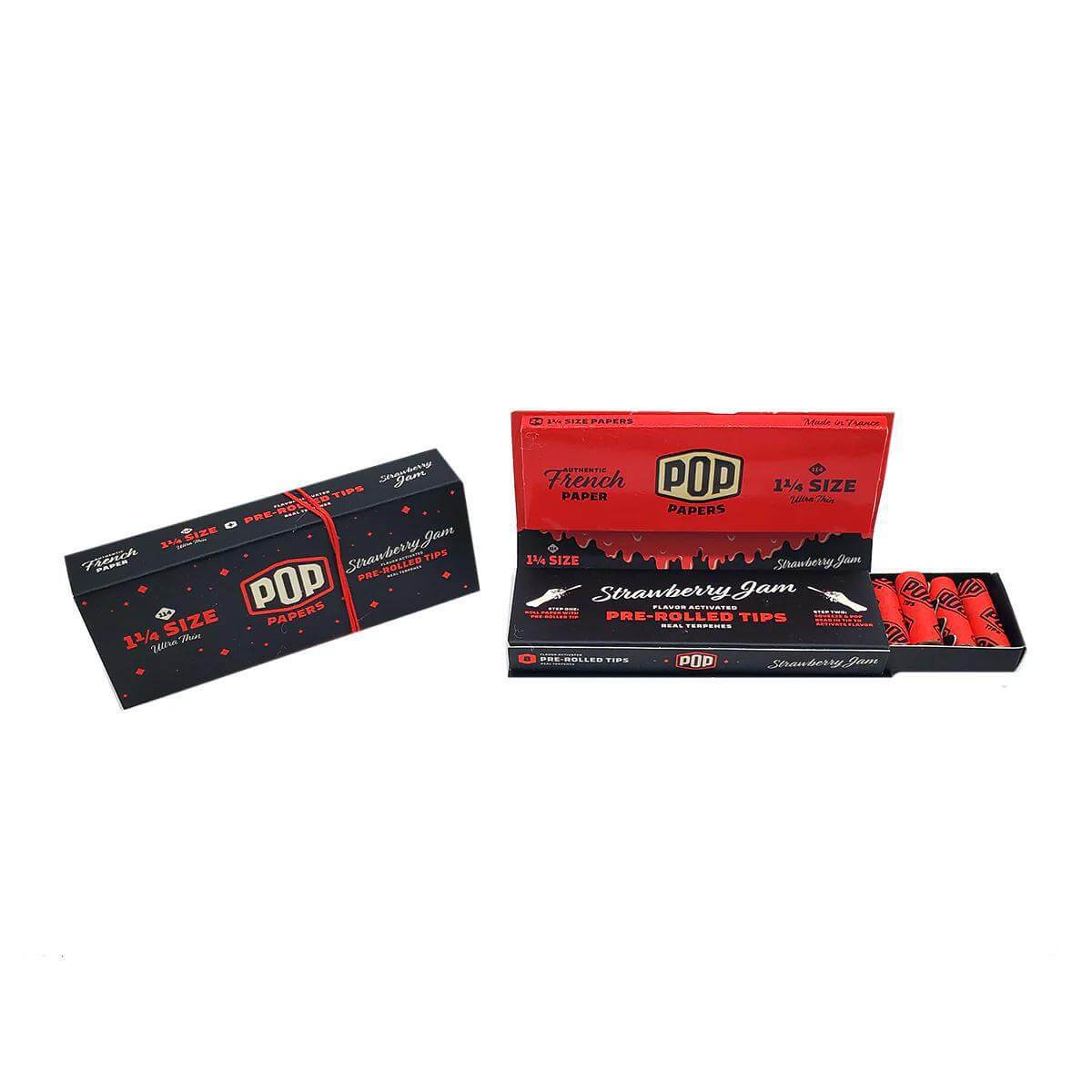 Pop Papers 1 1/4 size flavored rolling papers and pre-rolled strawberry jam tips in a vibrant packaging.