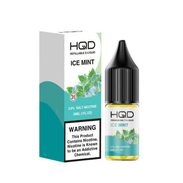 HQD Premium Salt E-Liquid Ice Mint flavor 30ml bottle with striking mint graphics and warning label.