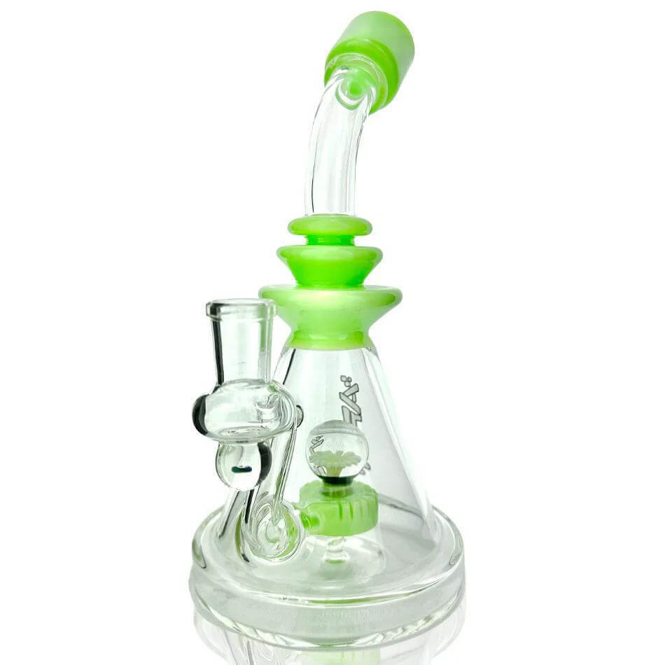 AFM Glass Opal Stone Rig NBS486 with slitted puck perc and green mouthpiece for smooth hits and filtration.