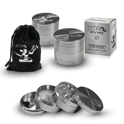 STR8 RYPR 40mm 4-piece herb grinder with sharp teeth and pollen catcher, displayed with storage bag and box.