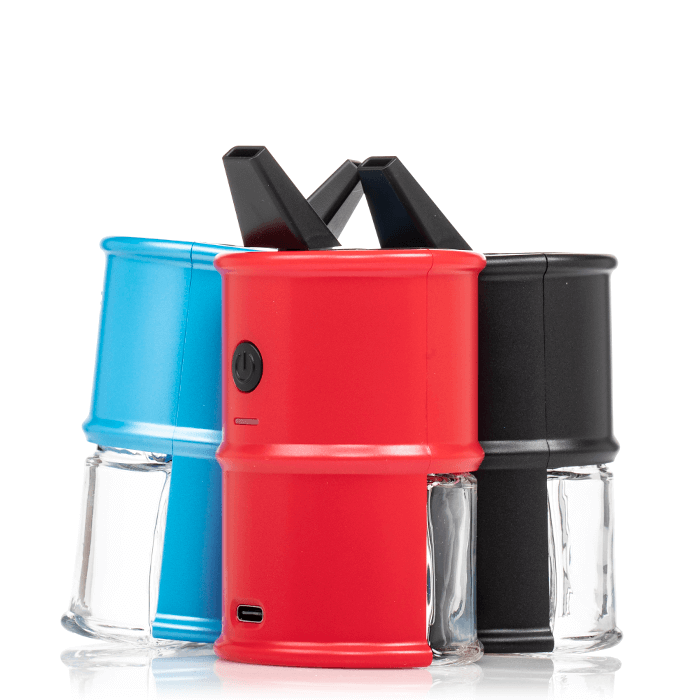 Ooze Electro Barrel Mini Electric Dab Rig in blue, red, and black, showcasing its portable design and glass base.
