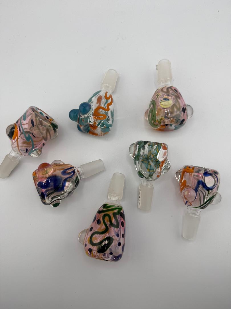 Assorted hand-blown glass bowls in vibrant colors featuring unique Scribble Tech designs, perfect for enhancing your glass collection.