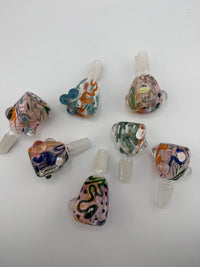 Assorted hand-blown glass bowls in vibrant colors featuring unique Scribble Tech designs, perfect for enhancing your glass collection.