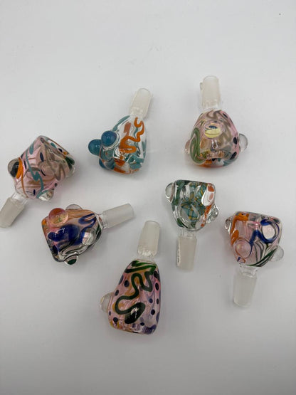 Assorted hand-blown glass bowls in vibrant colors featuring unique Scribble Tech designs, perfect for enhancing your glass collection.