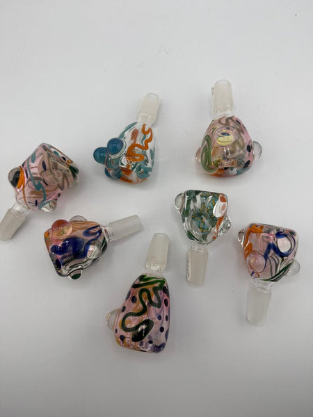 Assorted hand-blown glass bowls in vibrant colors featuring unique Scribble Tech designs, perfect for enhancing your glass collection.