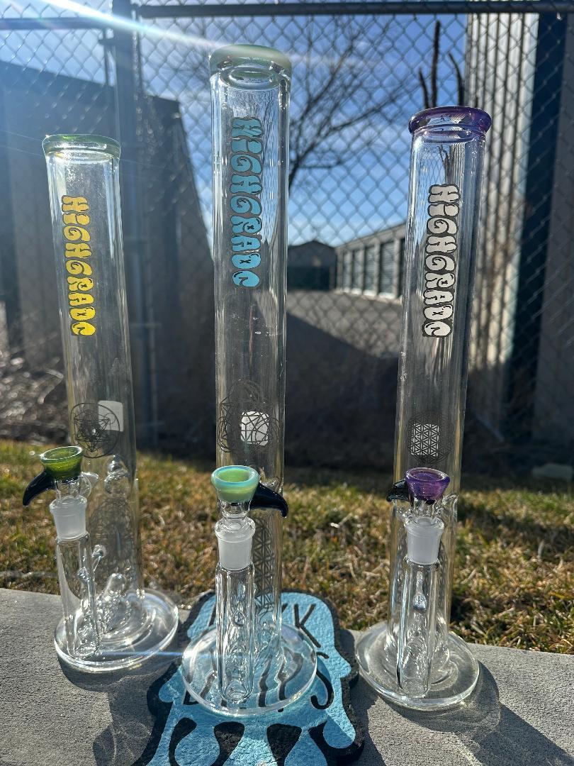 HighGrade Glass Straight Flower Tube - 16" Color Accent w/ Sacred Geometry Bake On 14mm 90°