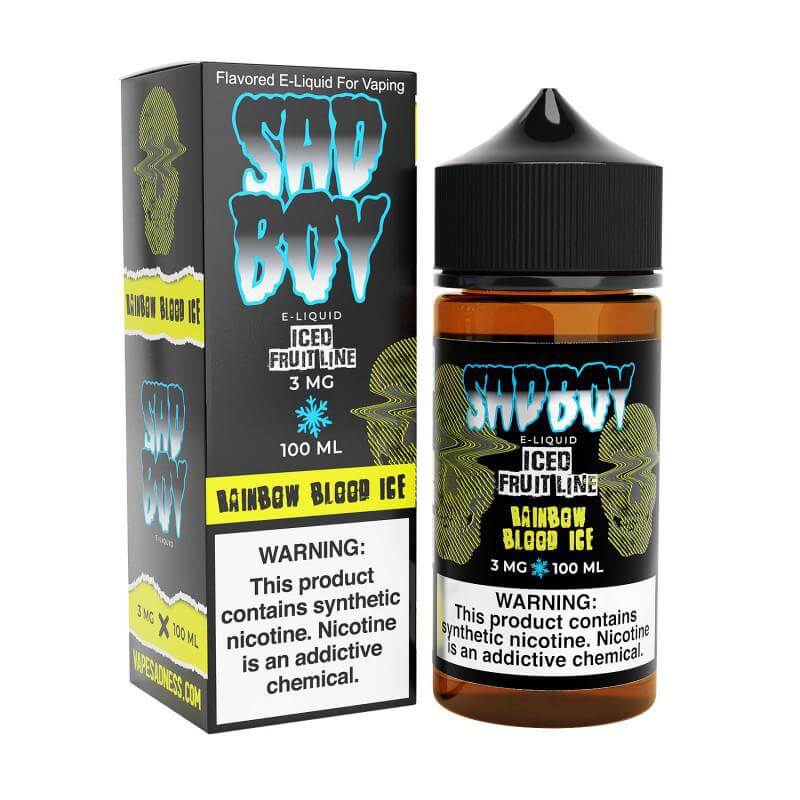 Sad Boy 100ml e-liquid bottle and box for vaping, featuring bold Rainbow Blood Ice flavor and 3mg nicotine strength.