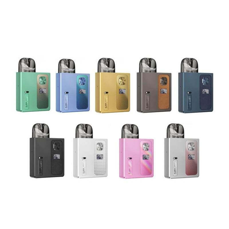 Assorted colors of Lost Vape Ursa Baby Pro pod system displayed in a row, showcasing modern design and features.