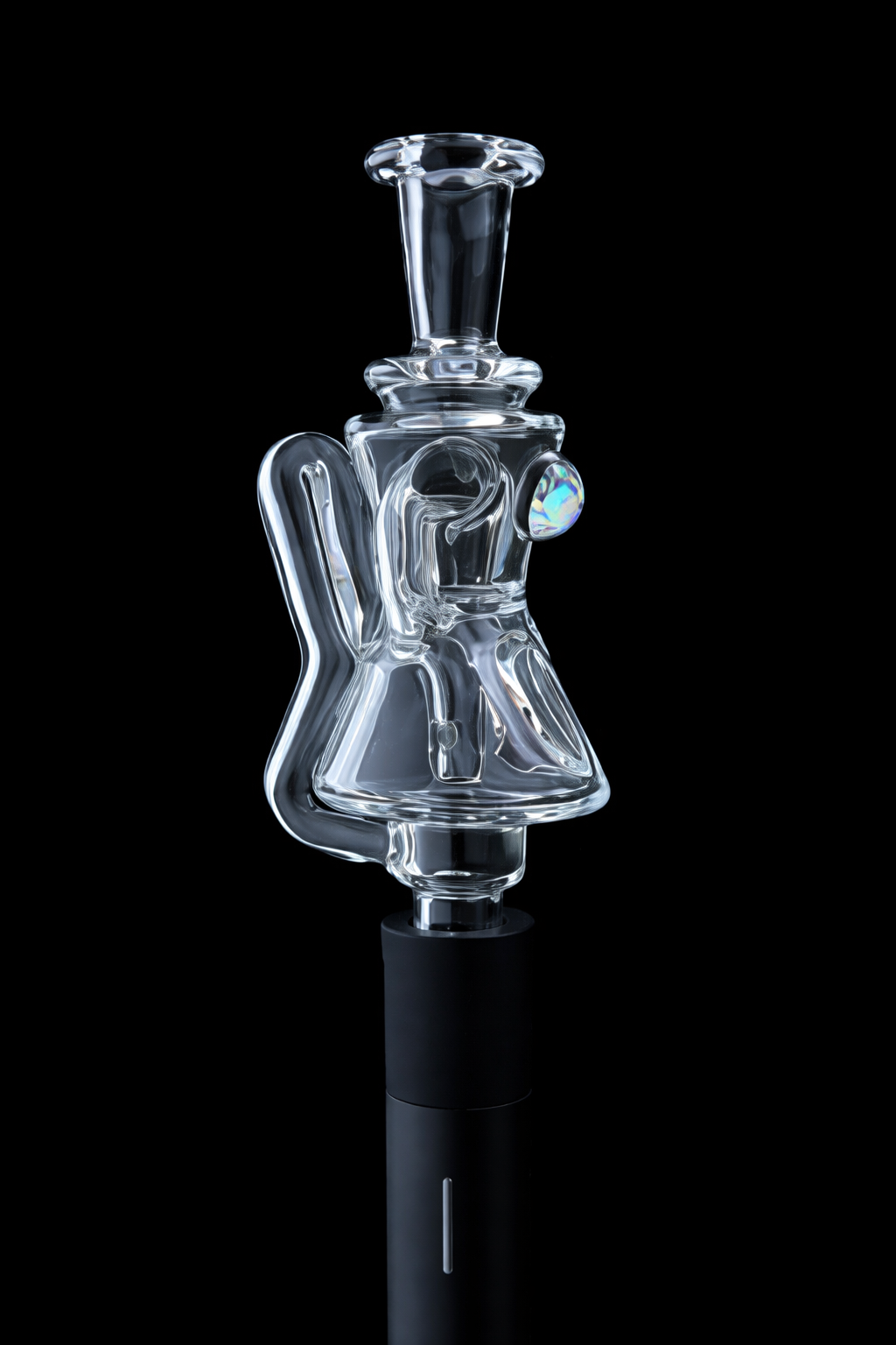 Iridescent Glass Puffco Pivot Mouthpiece - Pivgilly Recycler Water Top displayed on a black background.