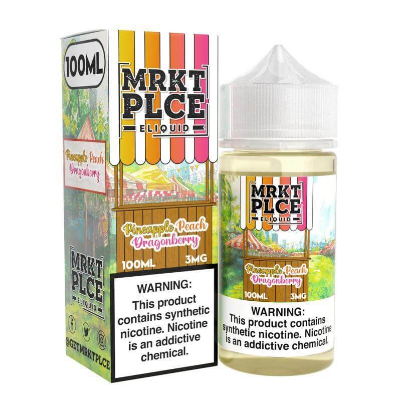 MRKT Place 100ml e-liquid featuring Pineapple Peach Dragonberry flavor in a clear bottle with colorful packaging.