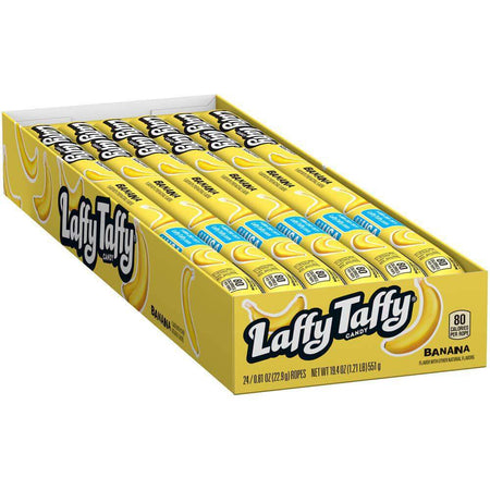 Box of Laffy Taffy Ropes in banana flavor, featuring colorful packaging and 80 chewy candies.