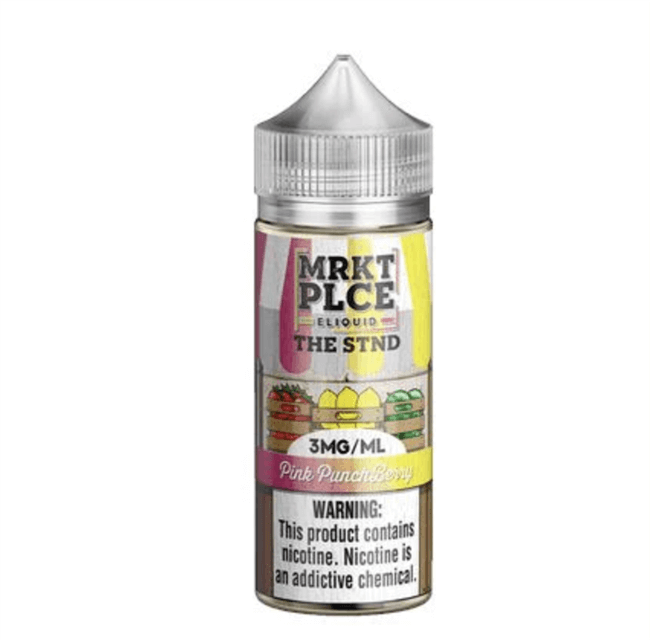 MRKT Place 100ml e-liquid bottle featuring Pink PunchBerry flavor with nicotine warning label.