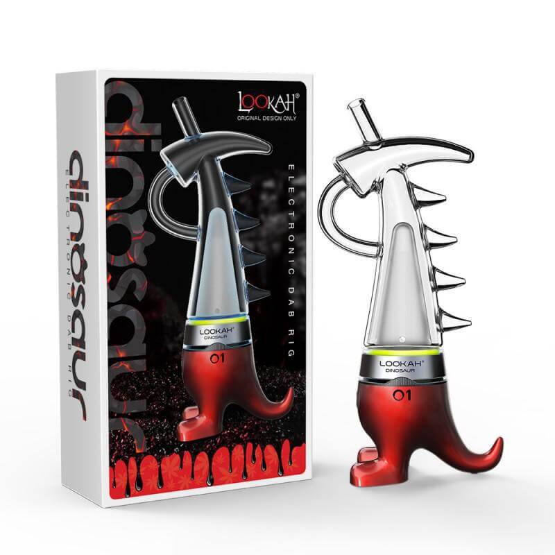 Lookah Dinosaur E-Rig with box, showcasing its innovative electric dab technology for a superior dabbing experience.