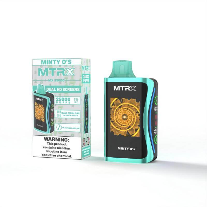 MTRX MX 25k Disposable Vape in Minty O's flavor, featuring dual HD screens and a vibrant design.