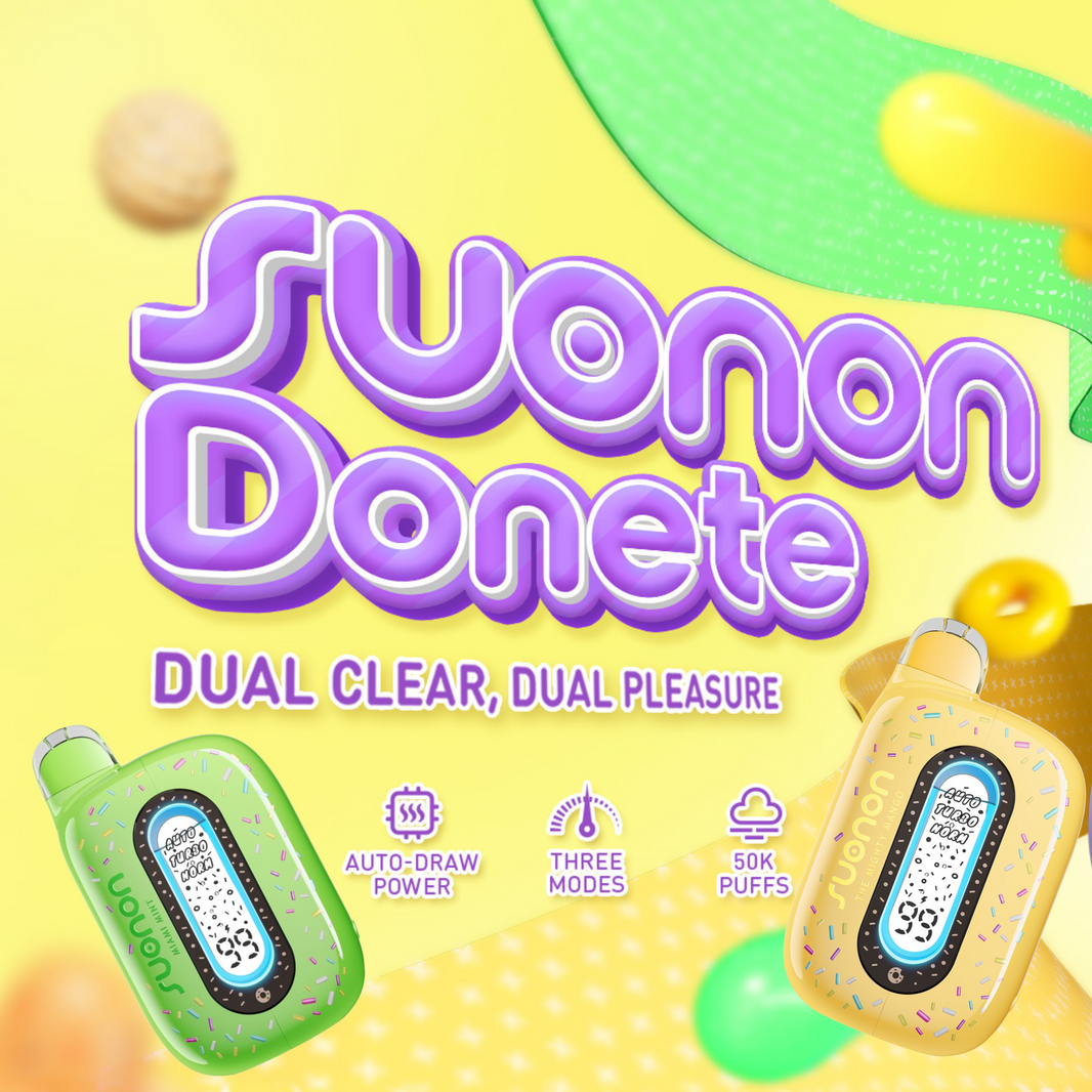 Suonon Donete 50k Disposable Vape showcasing dual clear design and features like auto-draw and 50k puffs.