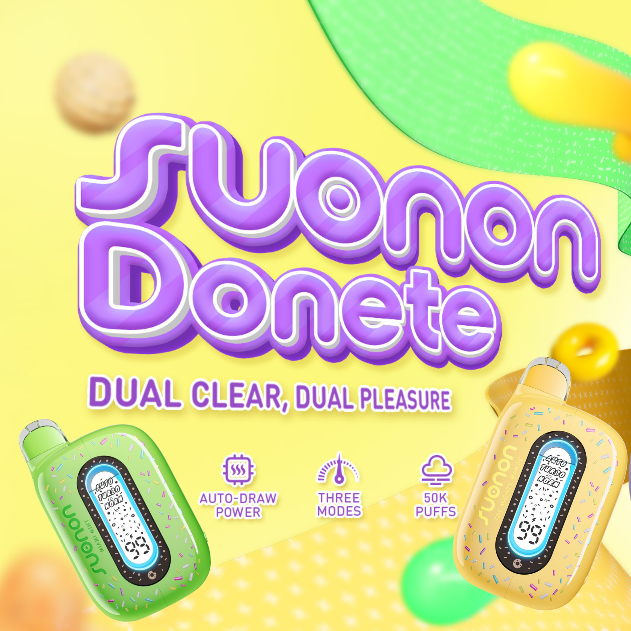 Suonon Donete 50k Disposable Vape showcasing dual clear design and features like auto-draw and 50k puffs.