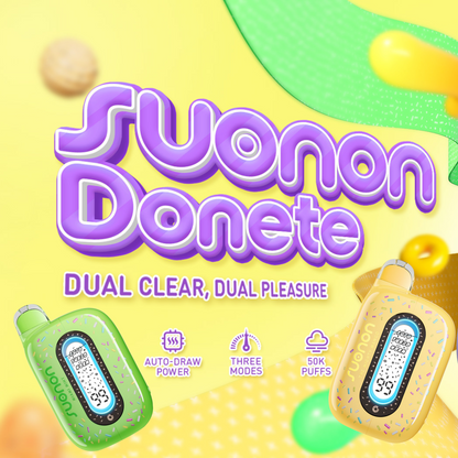 Suonon Donete 50k Disposable Vape showcasing dual clear design and features like auto-draw and 50k puffs.