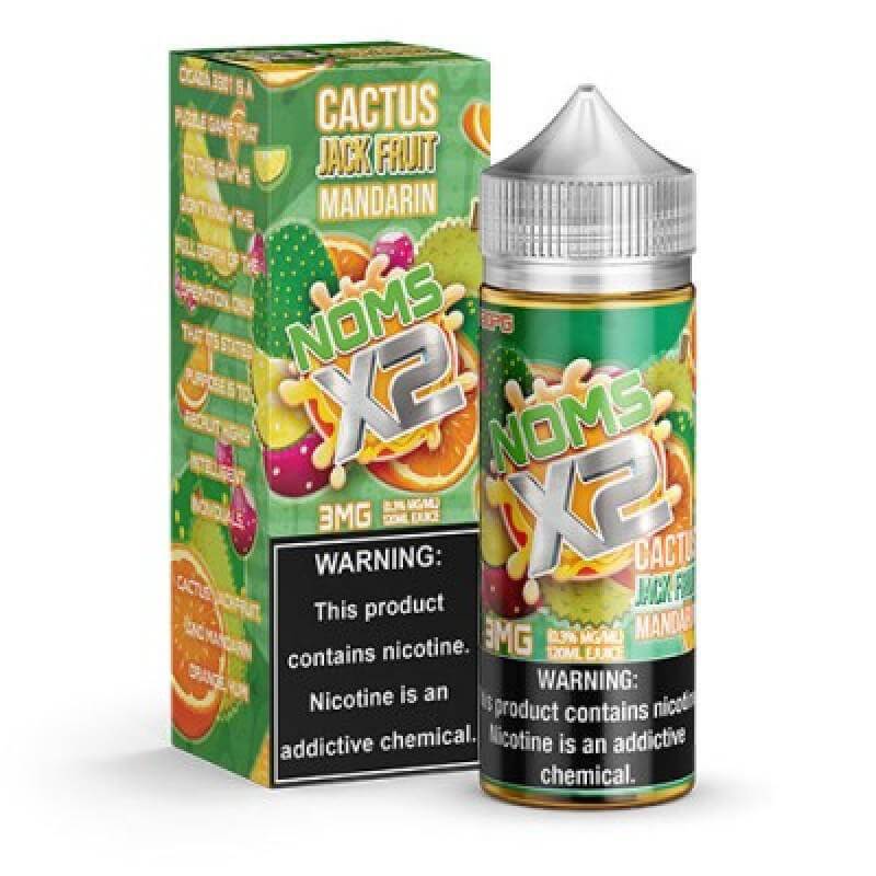 NOMS X2 120ml e-liquid bottle with box, featuring cactus, jack fruit, and mandarin flavors for vaping enthusiasts.