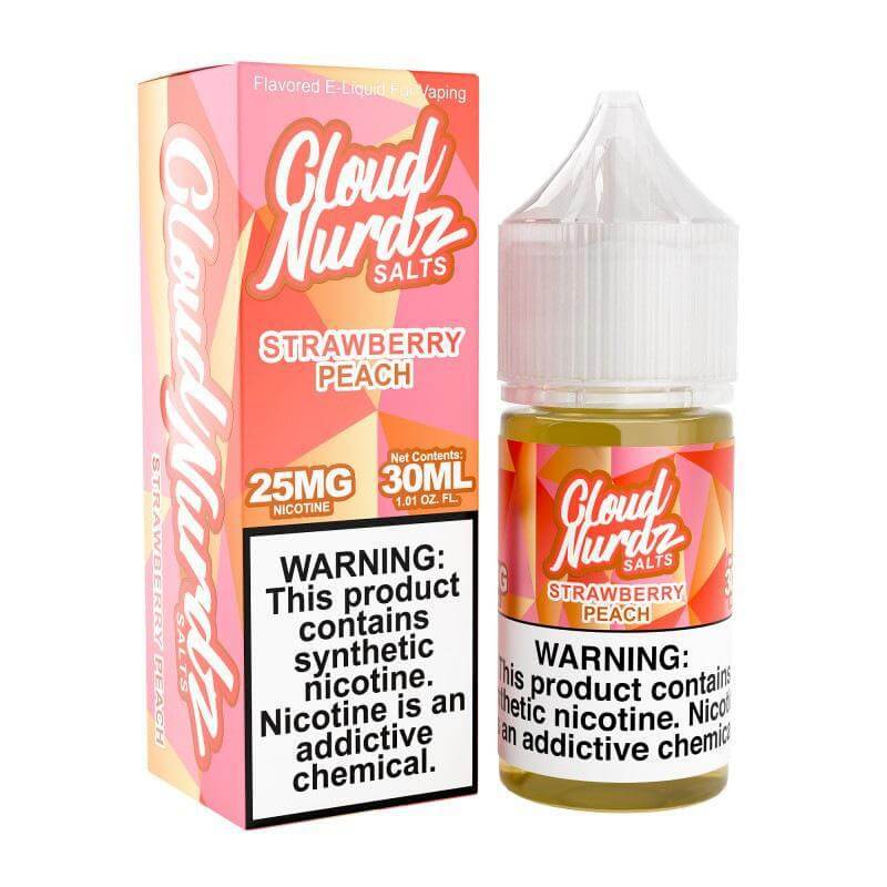 Cloud NURDZ Salt Nicotine in Strawberry Peach flavor, 30ml bottle, delivering smooth vaping experience.