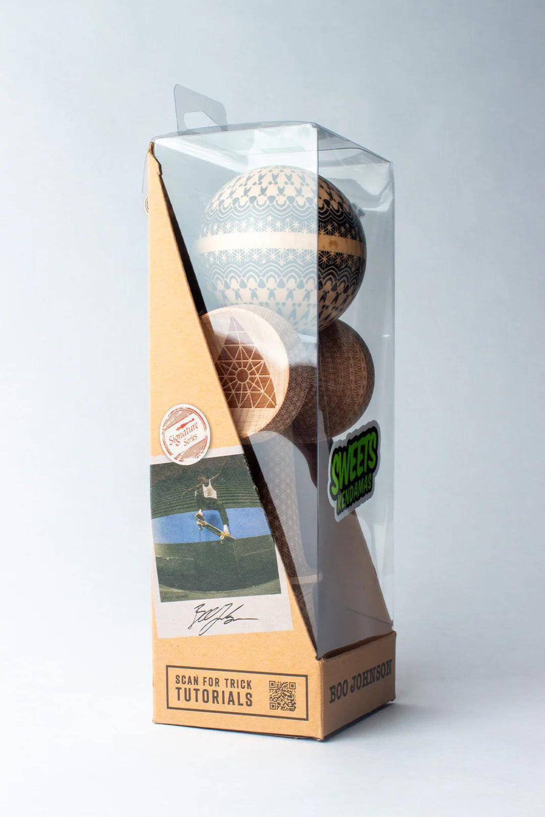 Sweets Kendama Boo Johnson Sacred model in packaging showcasing intricate design and KEN Amped shape.