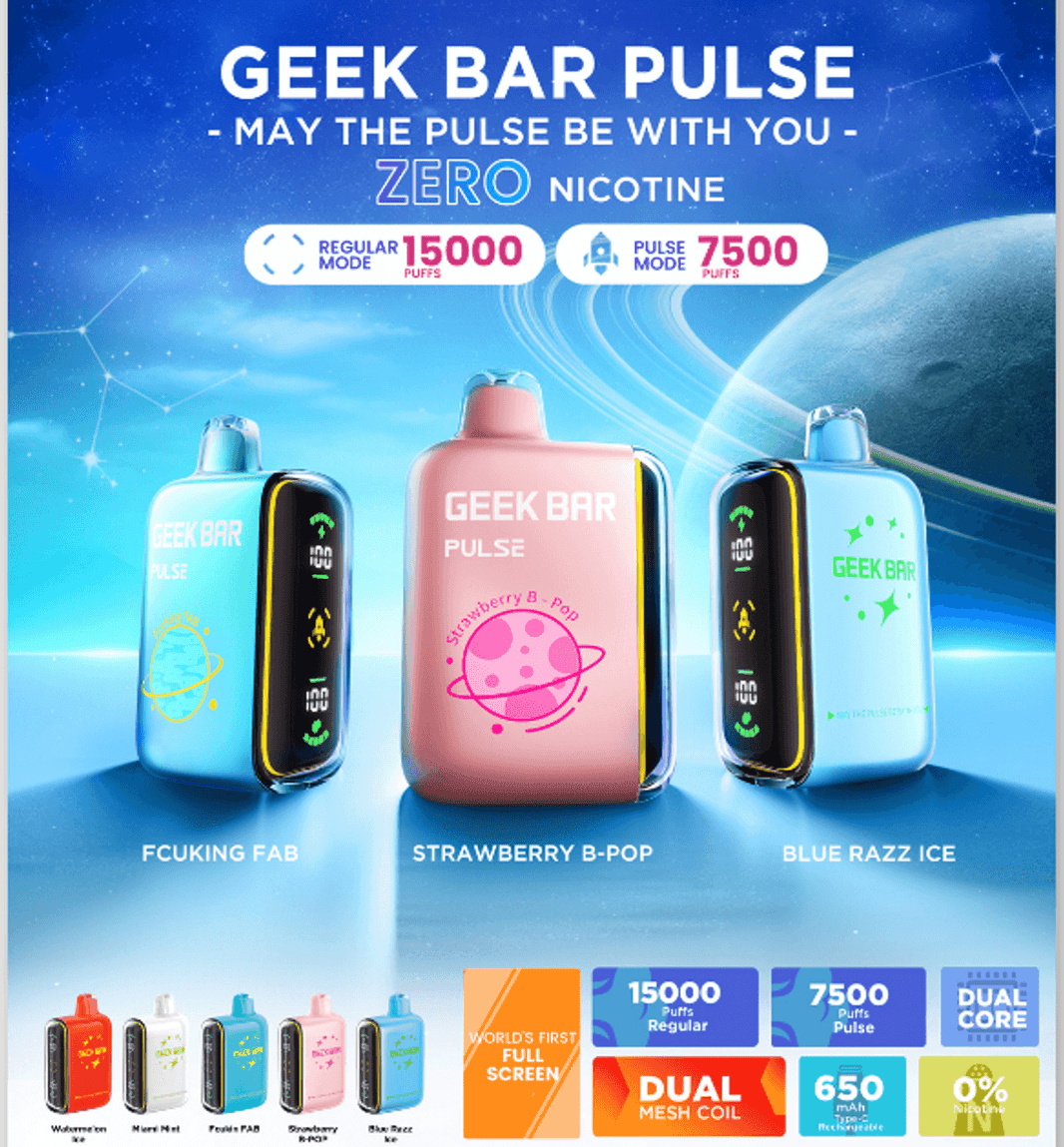 Geek Bar Pulse Disposable Vapes showcasing 0% nicotine, 15000 puffs in regular mode, with colorful flavors.
