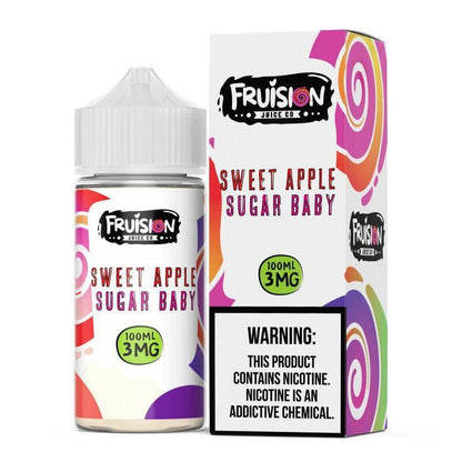 Fruision Juice Co Sweet Apple Sugar Baby 100ml e-liquid with 3mg nicotine, featuring bold flavors and vibrant packaging.