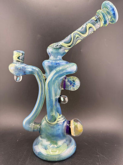 Highgrade Glass  Recycler - Green / Teal Fully Worked with Line Worked Wig Wag Sections & Marble Attachments 10mm 90°