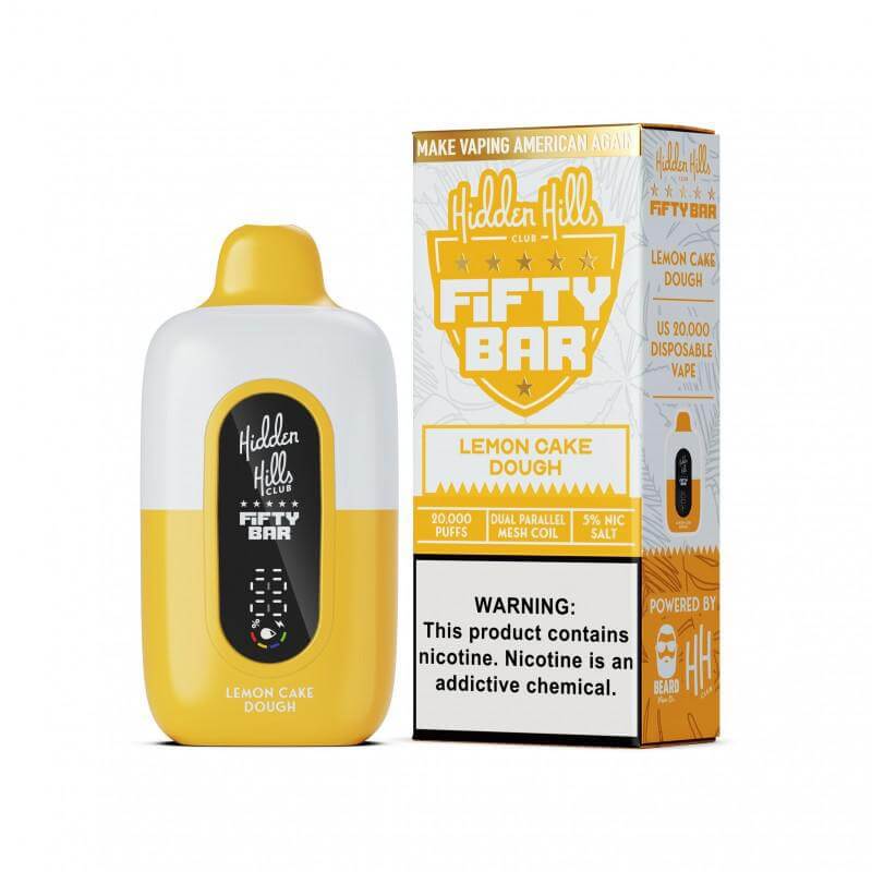 Hidden Hills x Fifty Bar disposable vape in Lemon Cake Dough flavor, 20K puffs, 5% nicotine strength.