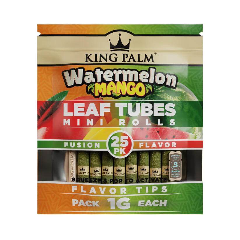 King Palm Watermelon Mango 25pc mini rolls pack featuring flavored leaf tubes for a smooth smoking experience.