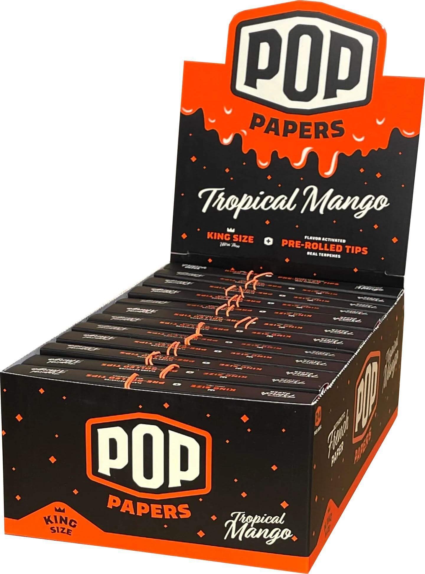 Pop Papers King Size Tropical Mango flavor with pre-rolled terpene infused tips, ideal for flavorful smoking experiences.