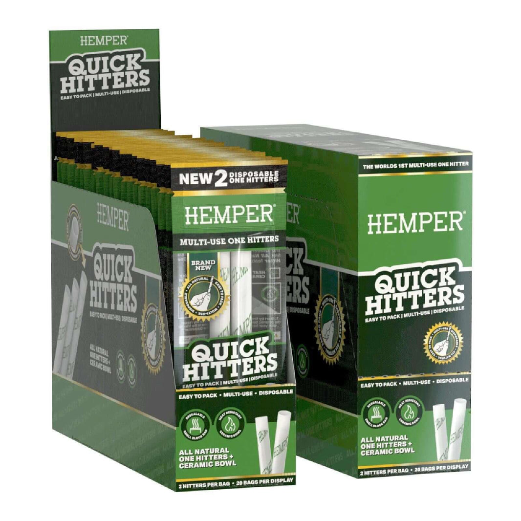 Hemper QuickHitters display featuring disposable flavor-infused one hitters for enhanced smoking experience.