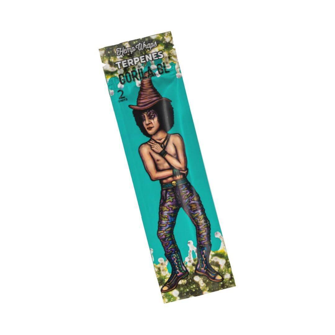 Lion Rolling Circus Hemp Wraps packaging featuring a character with a hat, terpenes, and vibrant design.