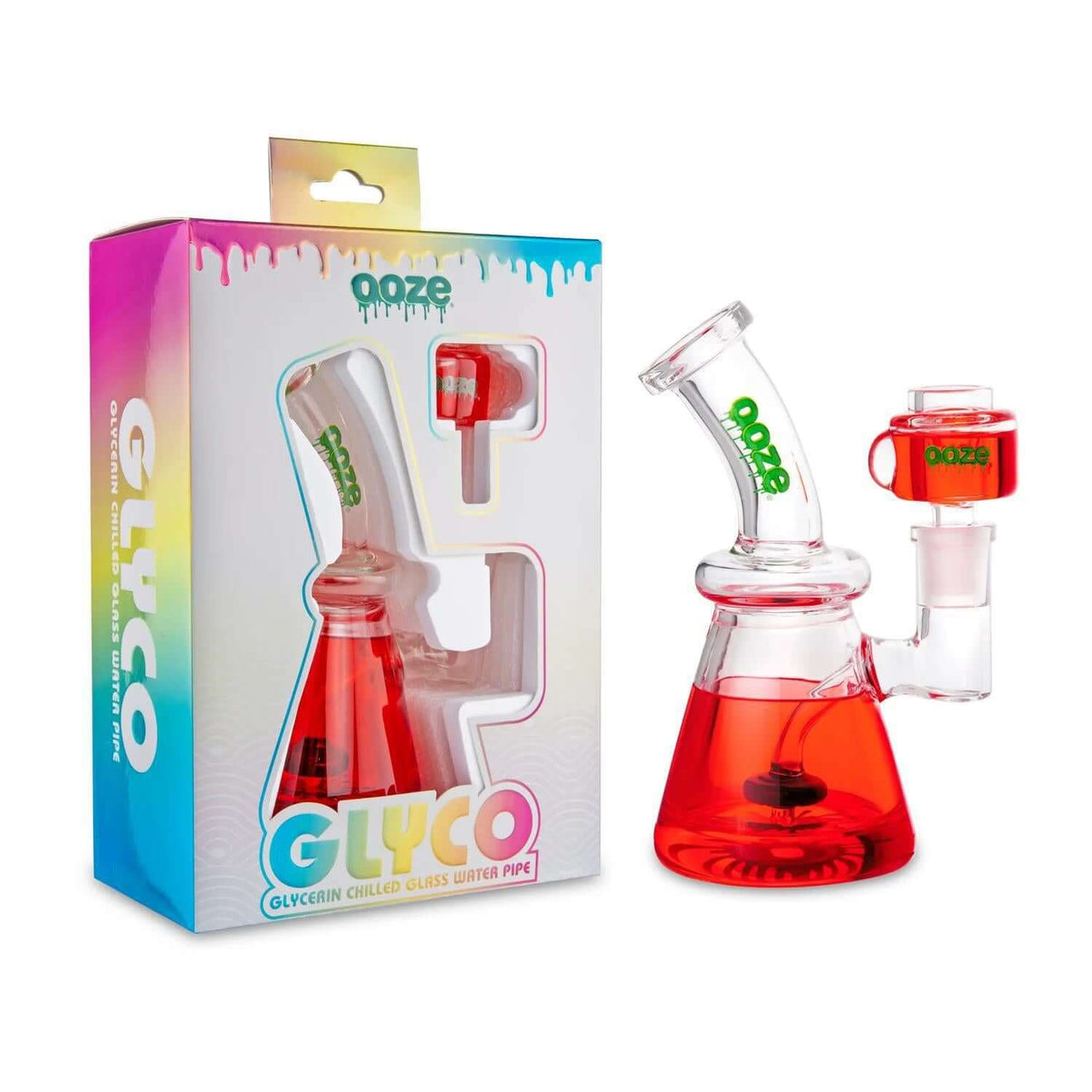 Ooze Glyco Glycerin Chilled Glass Water Pipe with vibrant red design and packaging for smooth, cool smoking experience.