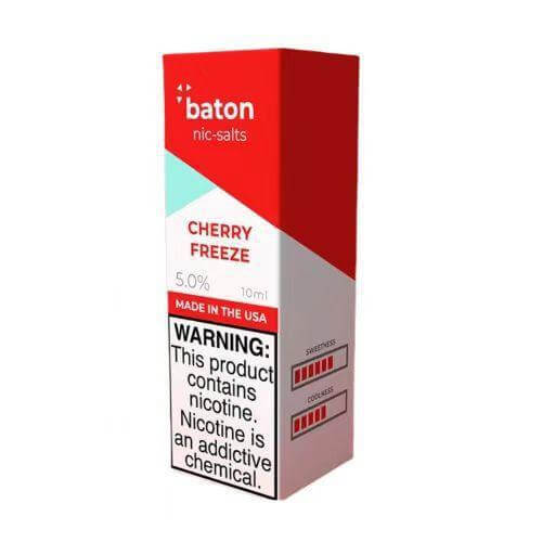 Baton Salts 10ml Cherry Freeze nicotine e-liquid packaging, offering 5% strength and a warning about nicotine addiction.