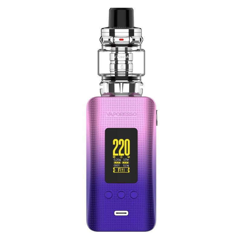 Vaporesso Gen 200 Itank vaping kit in gradient purple design with digital display and tank.