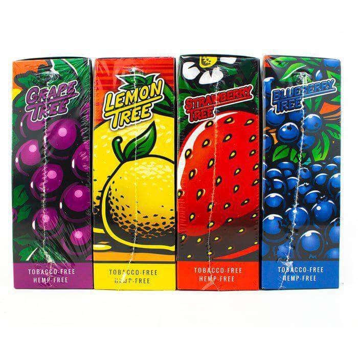 Colorful packaging of tobacco-free, hemp-free blunt wraps: Grape, Lemon, Strawberry, and Blueberry flavors.