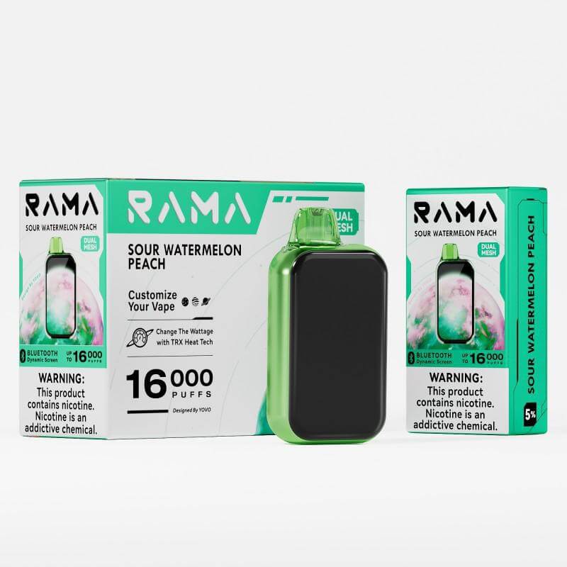 RAMA 16000 Disposable Vape in Sour Watermelon Peach flavor, featuring 16,000 puffs and customizable wattage.