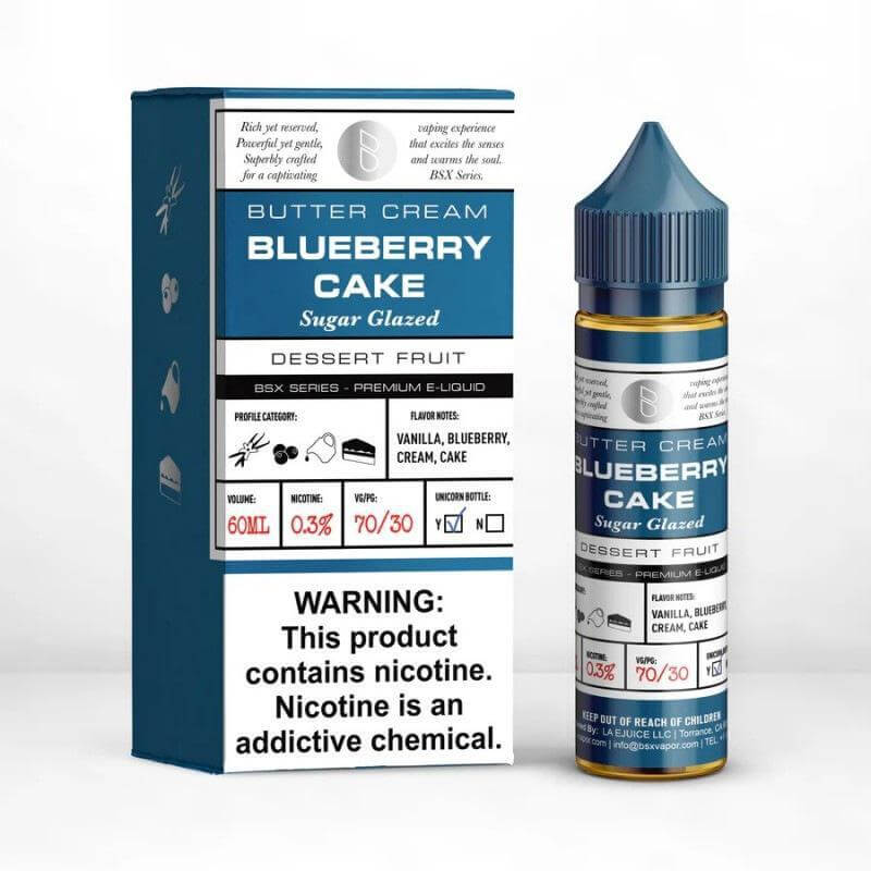 BSX Series 60ml Butter Cream Blueberry Cake e-liquid in a box with sugar glazed design, ideal for sub-ohm vaping.