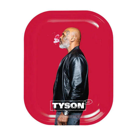 Mike Tyson Small Rolling Tray featuring vibrant red design and iconic profile image.