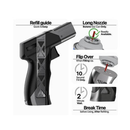 Yocan Delta Torch refill guide showing long nozzle, filling instructions, and wait times for optimal use.