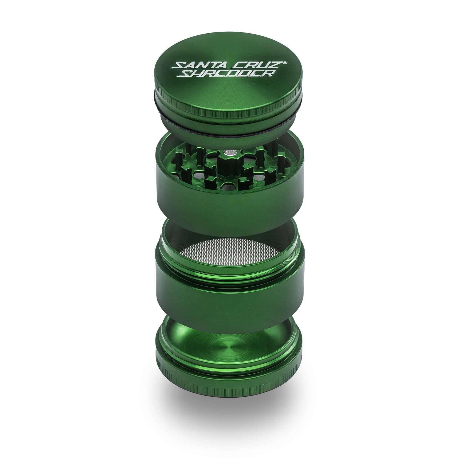 Santa Cruz Shredder 4-Piece Medium Grinder in green, made from medical-grade aluminum for precision herb grinding.